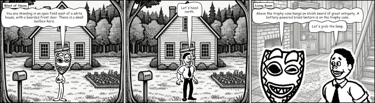 Grues in Comic에서 Zork의 West of House와 Living Room 장면이 Comic Chat 스타일 만화 패널로 표시된 스크린샷