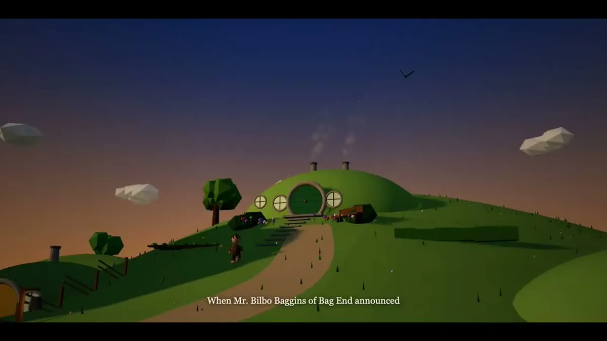 Claude Opus 5가 생성한 Lord of the Rings Three.js 장면에서 Bag End 언덕과 자막이 보이는 프레임