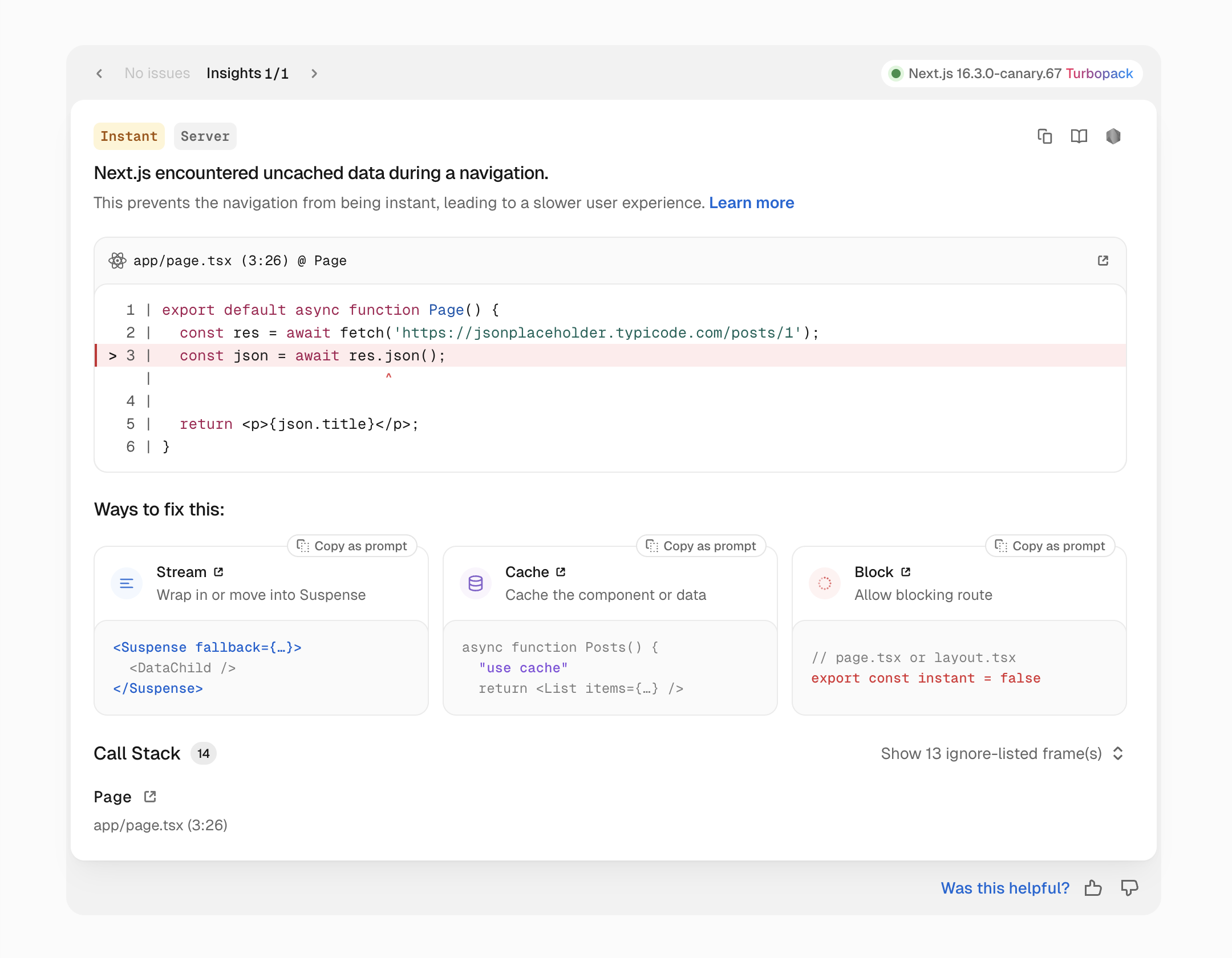 Next.js DevTools Instant Insights가 느린 navigation과 개선 prompt를 보여주는 화면